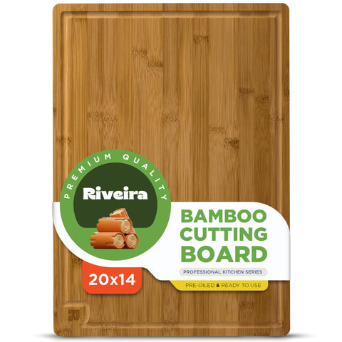 Riveira brown bamboo cutting board top view showing generous 20x14 prep surface.