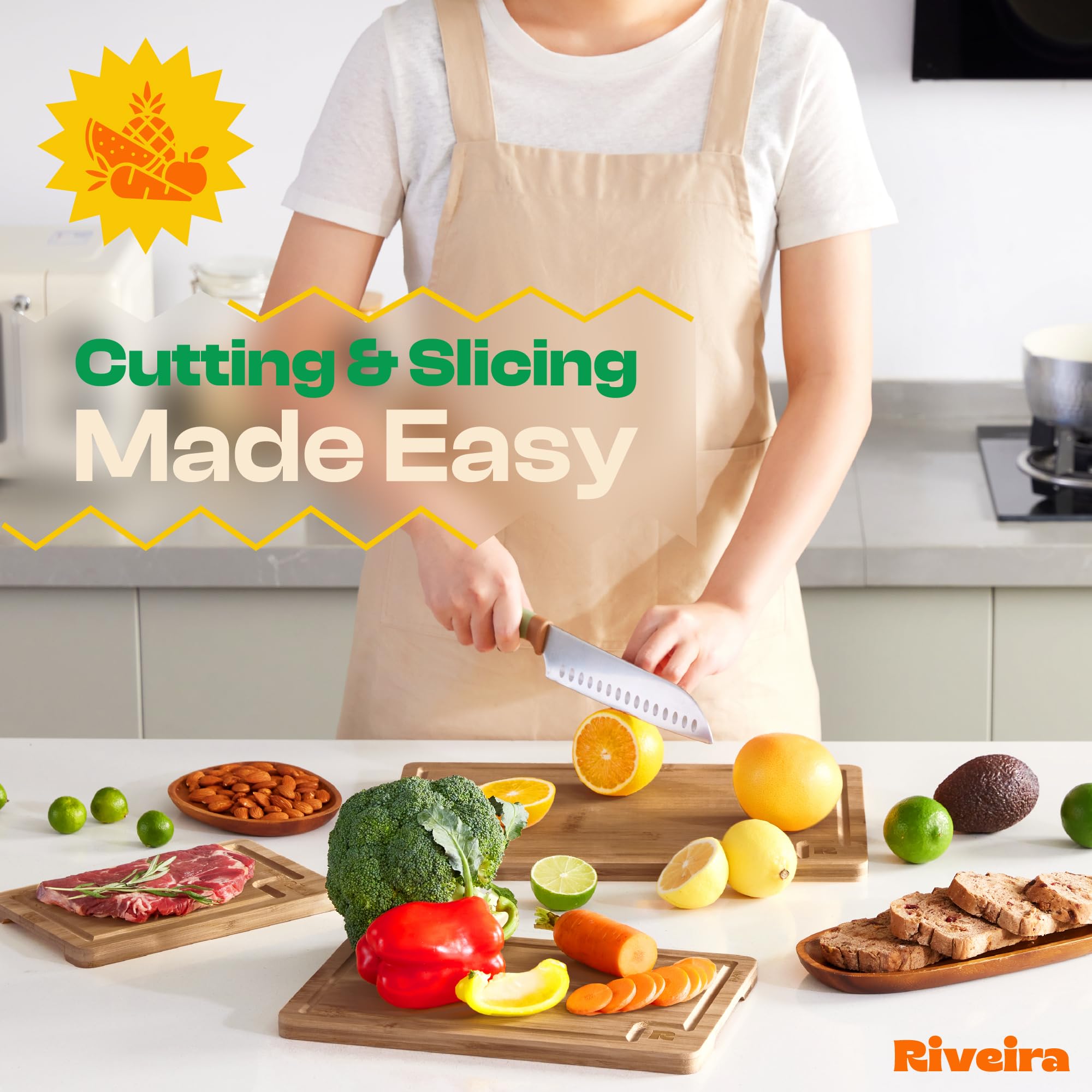 Riveira cutting board handle close-up emphasizing easy lifting and mobility.