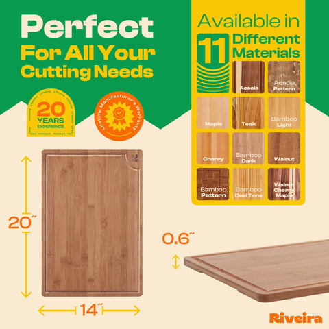 Riveira bamboo cutting board with juice grooves highlighting spill containment.