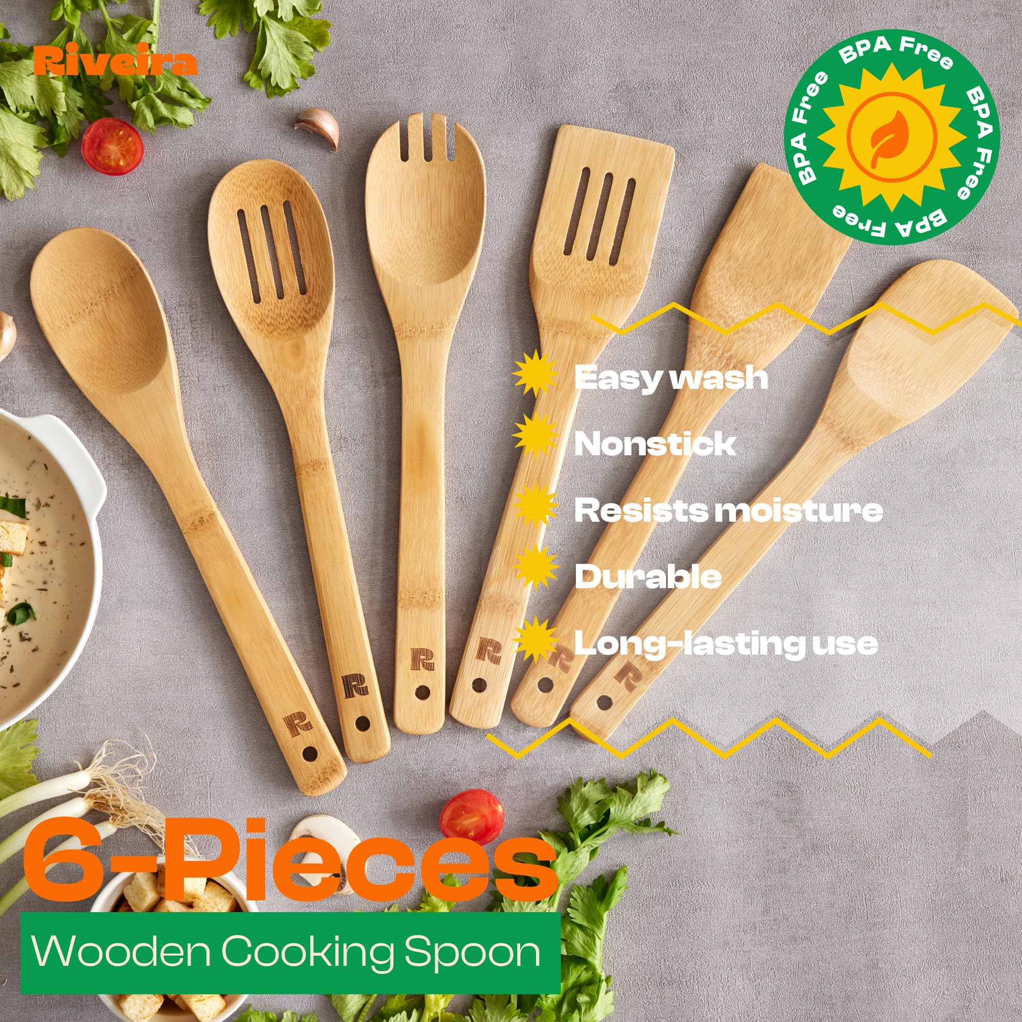 Riveira easy-clean wooden spoons ready for quick wipe-down.