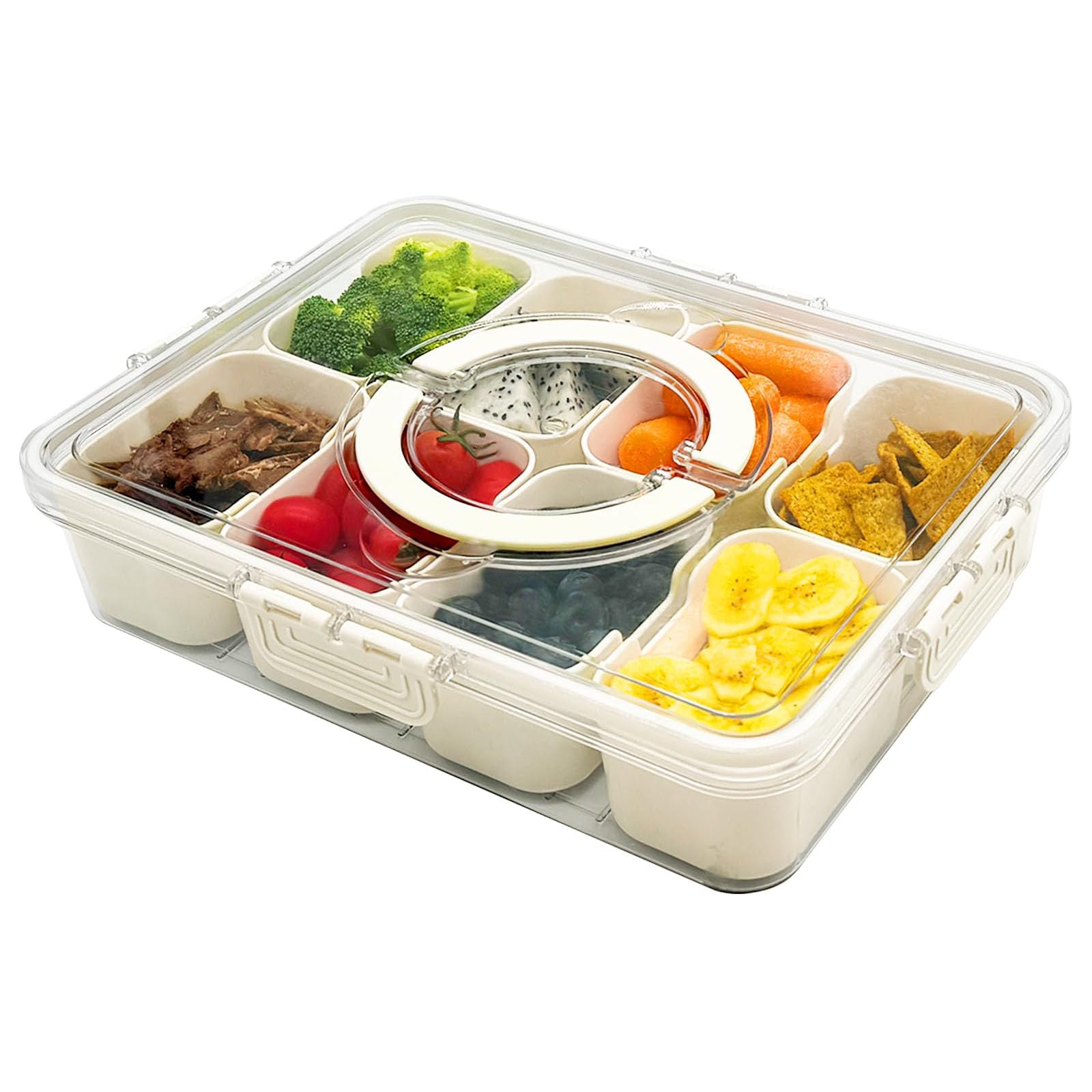 RKXQT Snackle Box container with divided tray, lid, and handle for organized on-the-go snacking.