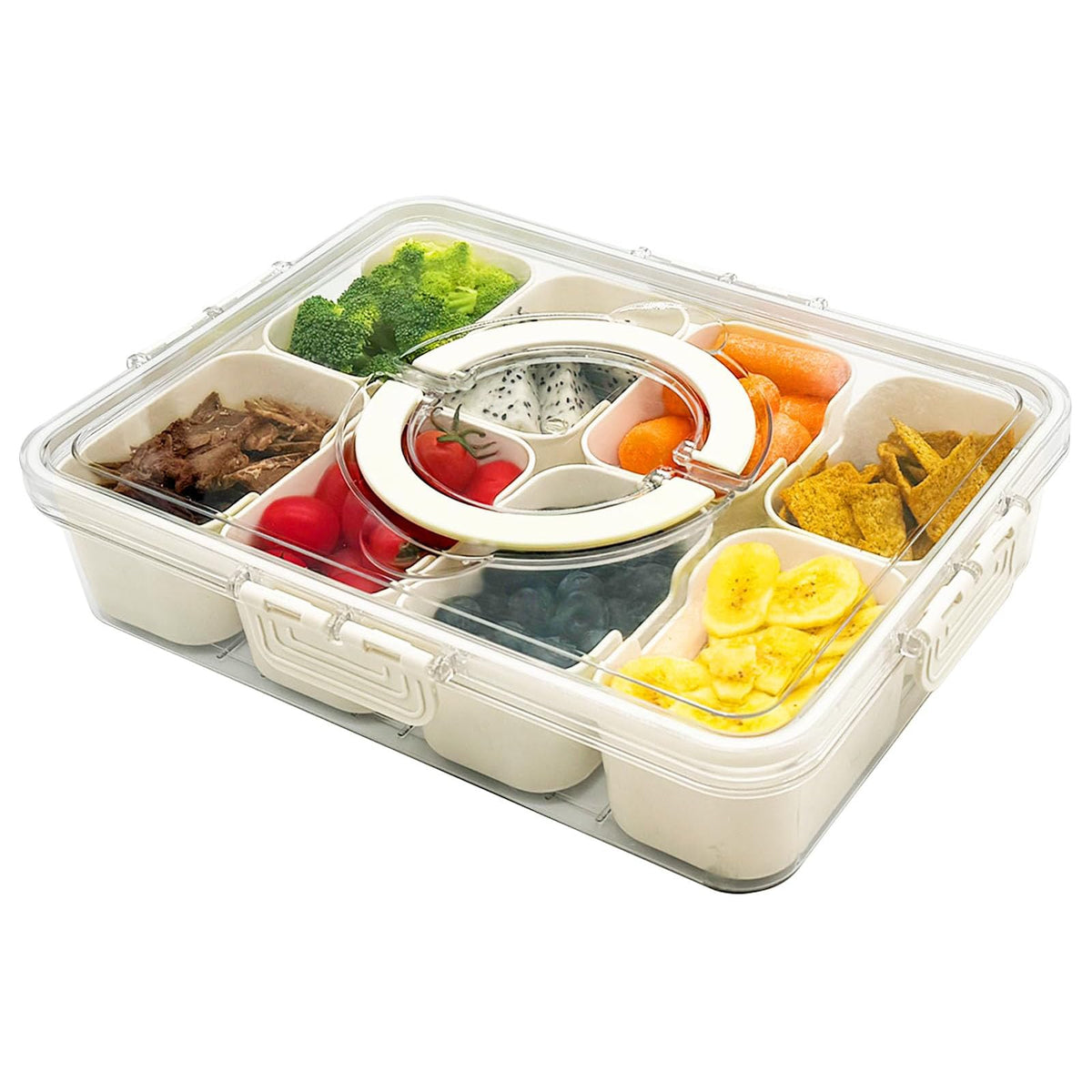 RKXQT Snackle Box container with divided tray, lid, and handle for organized on-the-go snacking.