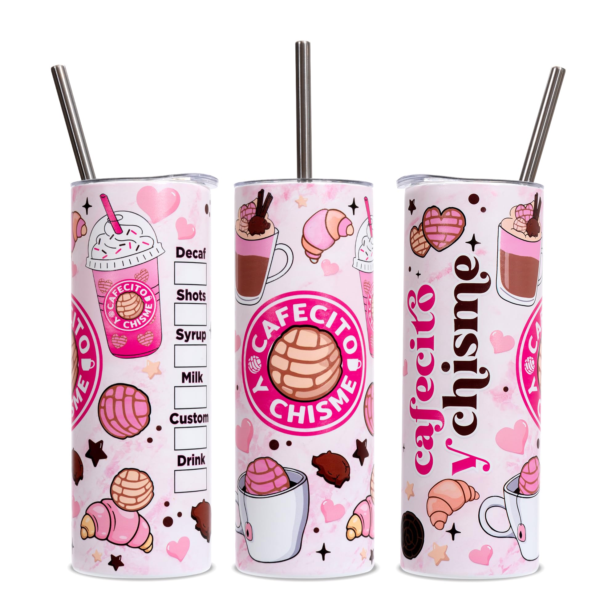 Rmeosye Cafecito Y Chisme tumbler front view, portable 20oz cup keeps drinks ready on the go.