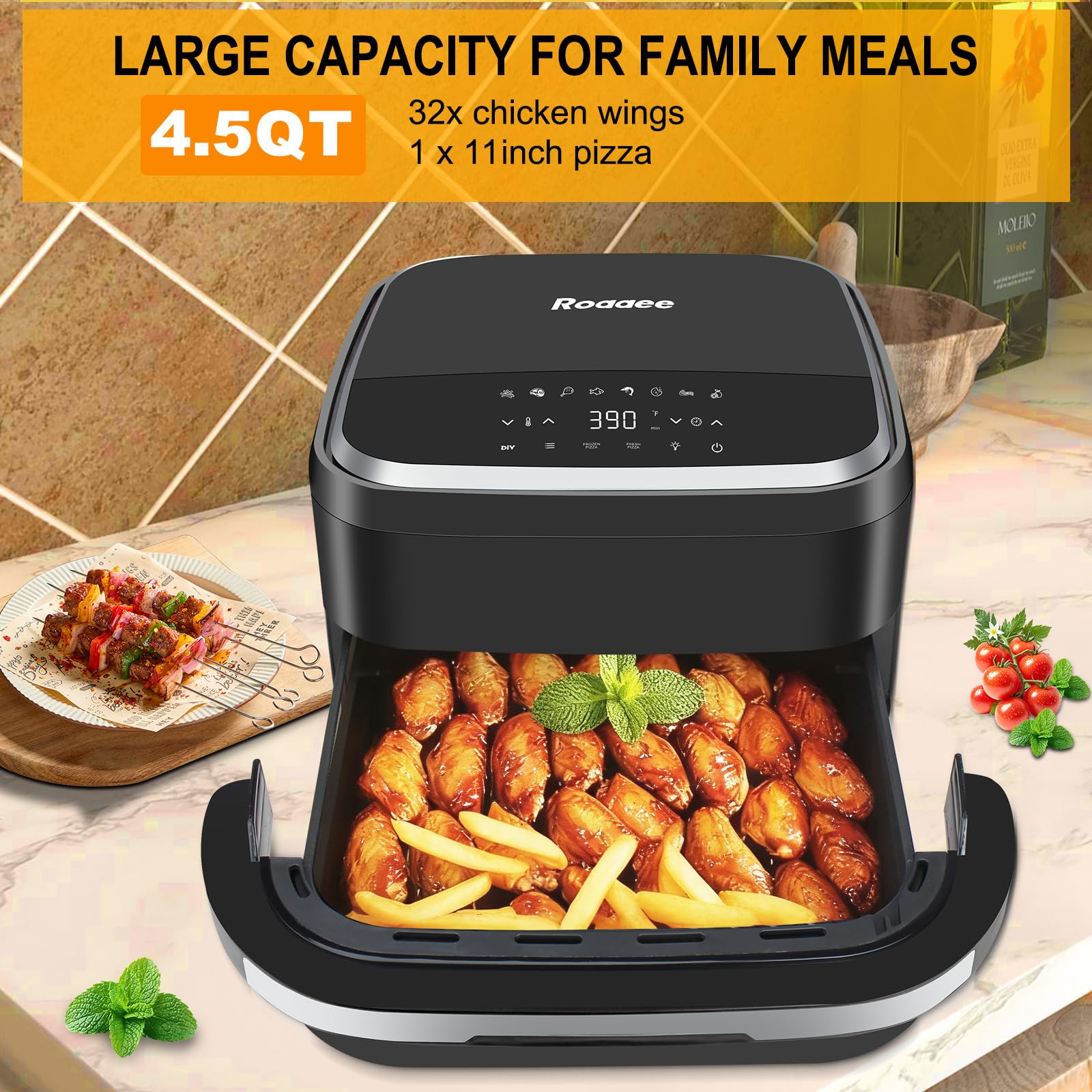Roaaee air fryer with top and bottom airflow for even cooking without flipping
