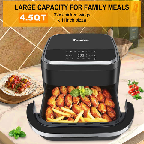 Roaaee air fryer with top and bottom airflow for even cooking without flipping