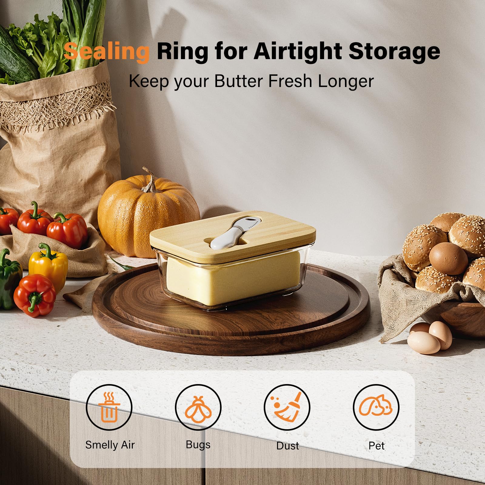 Road to purification dish with airtight silicone seal keeps butter fresh longer.