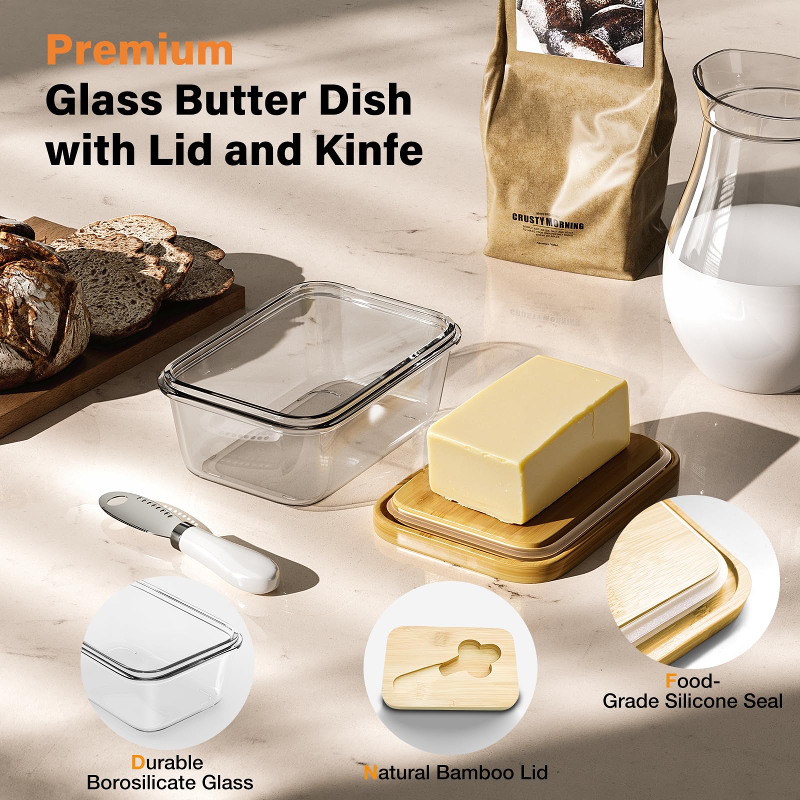 Road to purification butter dish on countertop blends modern glass with natural bamboo.
