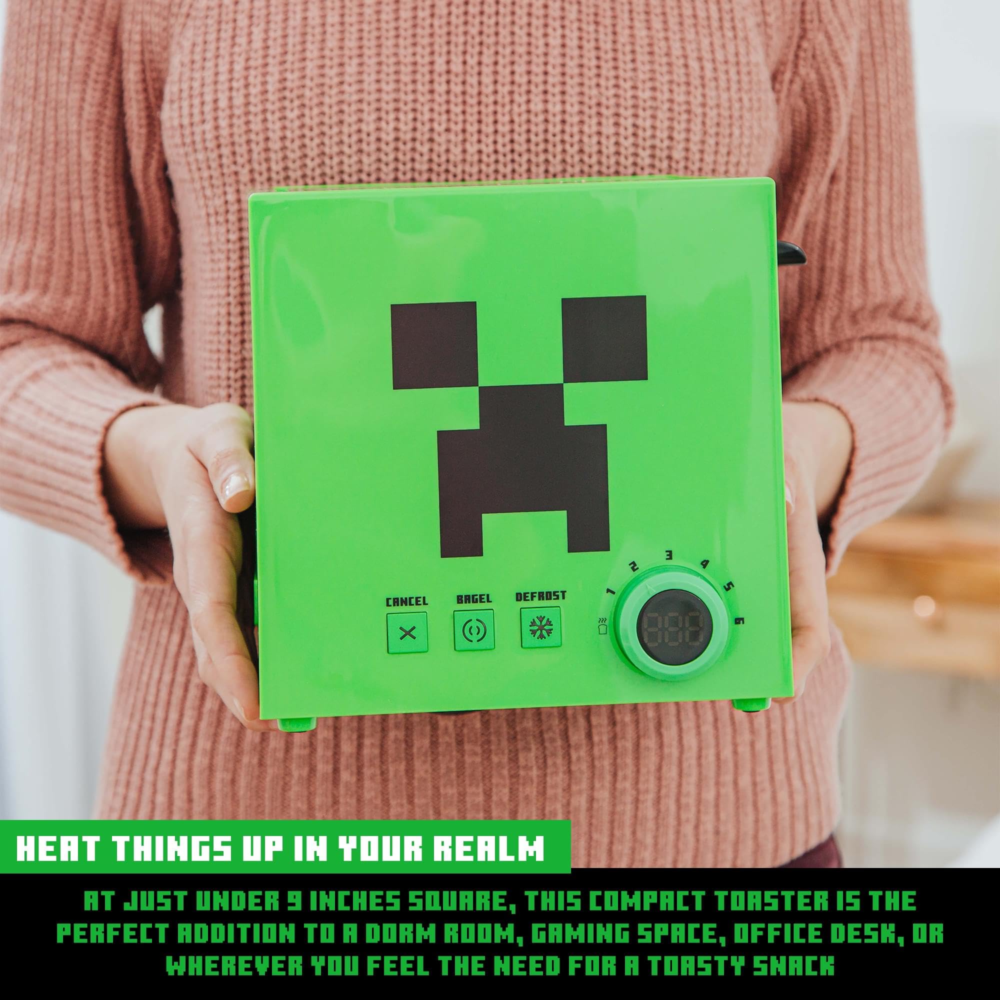 Robe Factory Minecraft Green Creeper toaster extra-wide bagel mode extends toasting.