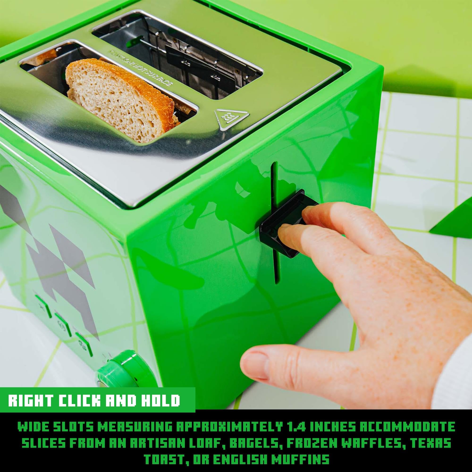 Robe Factory Minecraft Green Creeper toaster defrost button enables easy thawing.