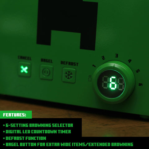 Robe Factory Minecraft Green Creeper toaster dial settings illustrate browning options.