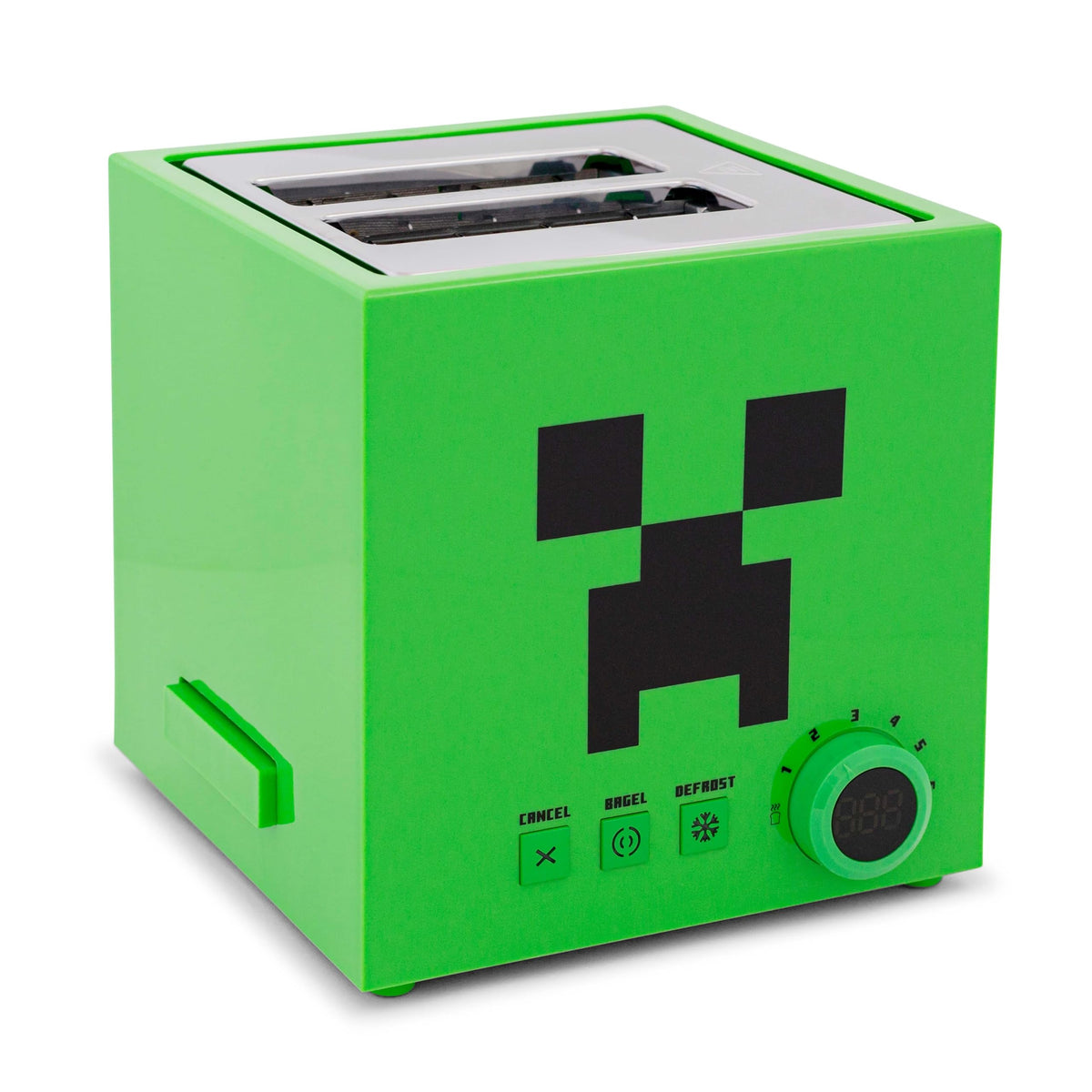 Robe Factory Minecraft Green Creeper toaster front view highlights compact design.