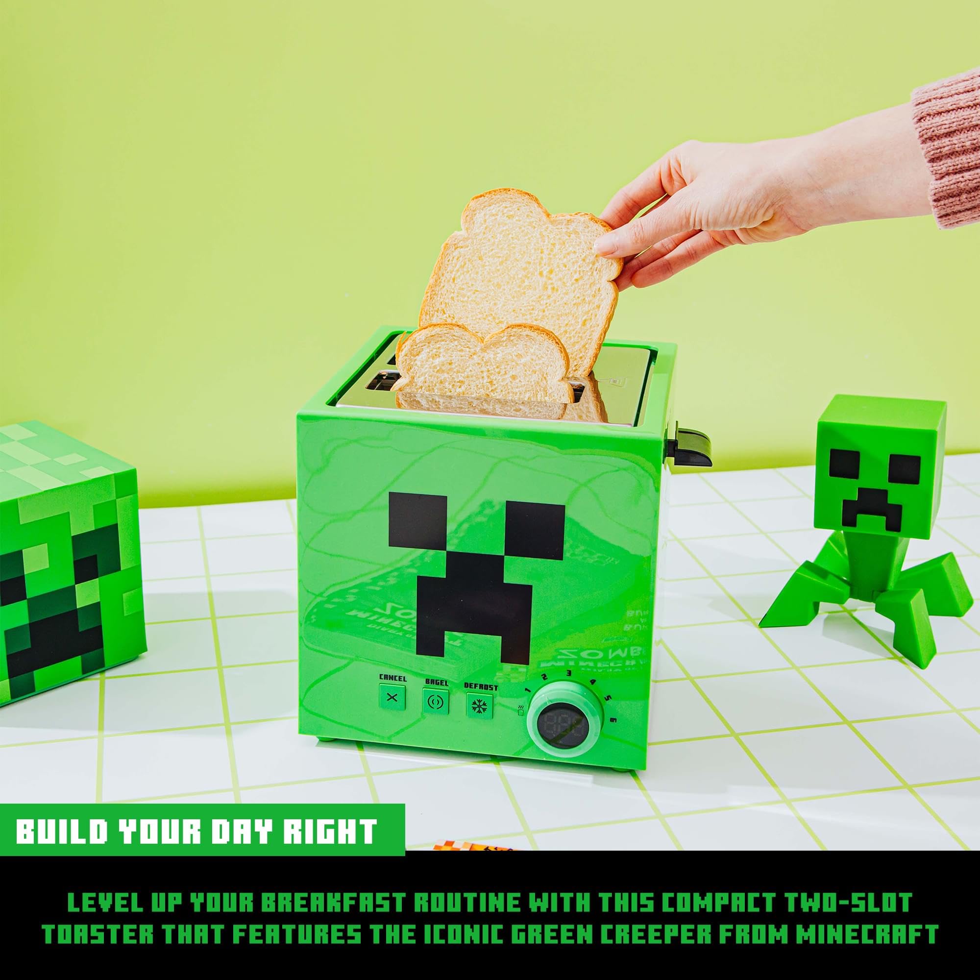 Robe Factory Minecraft Green Creeper toaster imprint closeup shows the Creeper detail on bread.