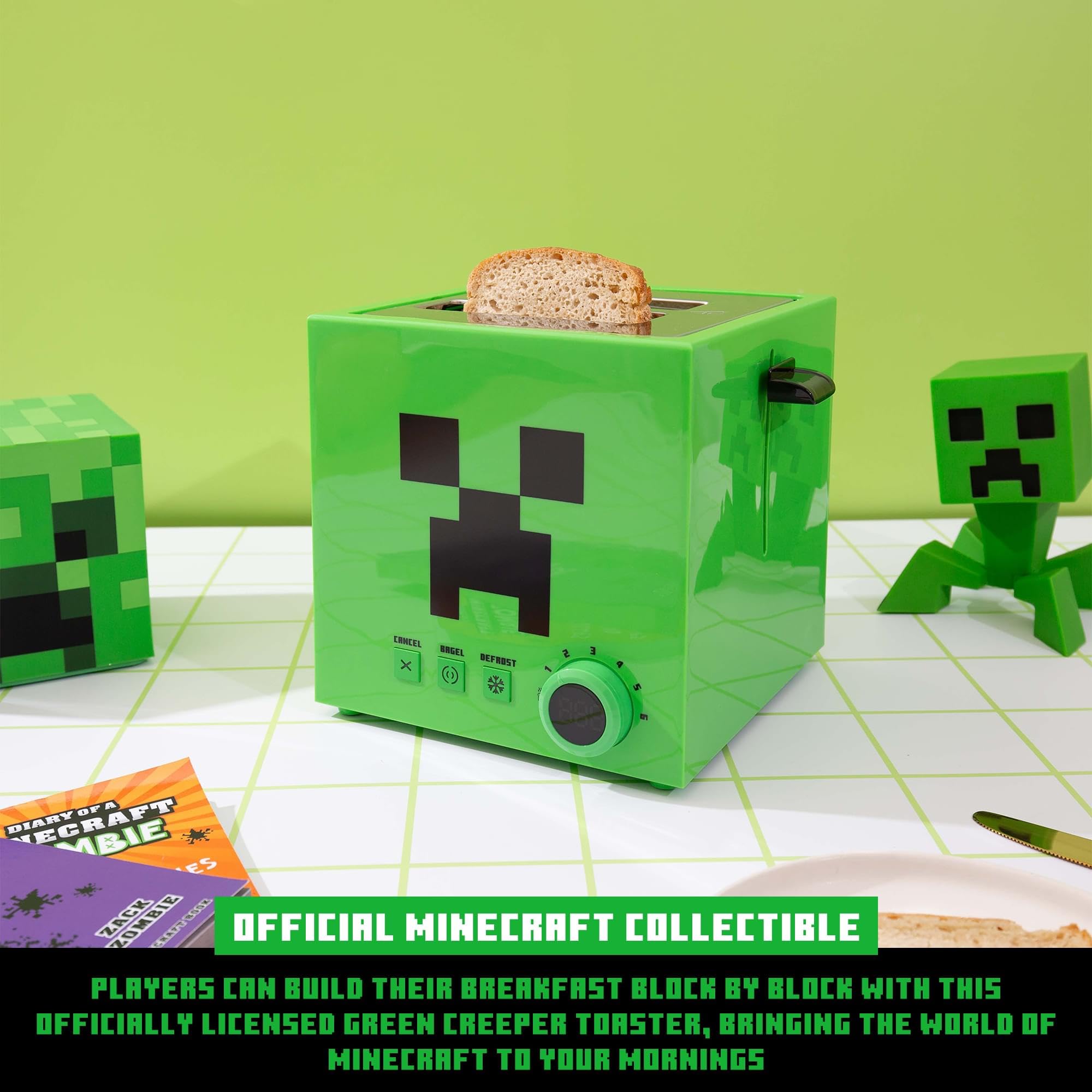 Robe Factory Minecraft Green Creeper toaster removable crumb tray for easy cleaning.