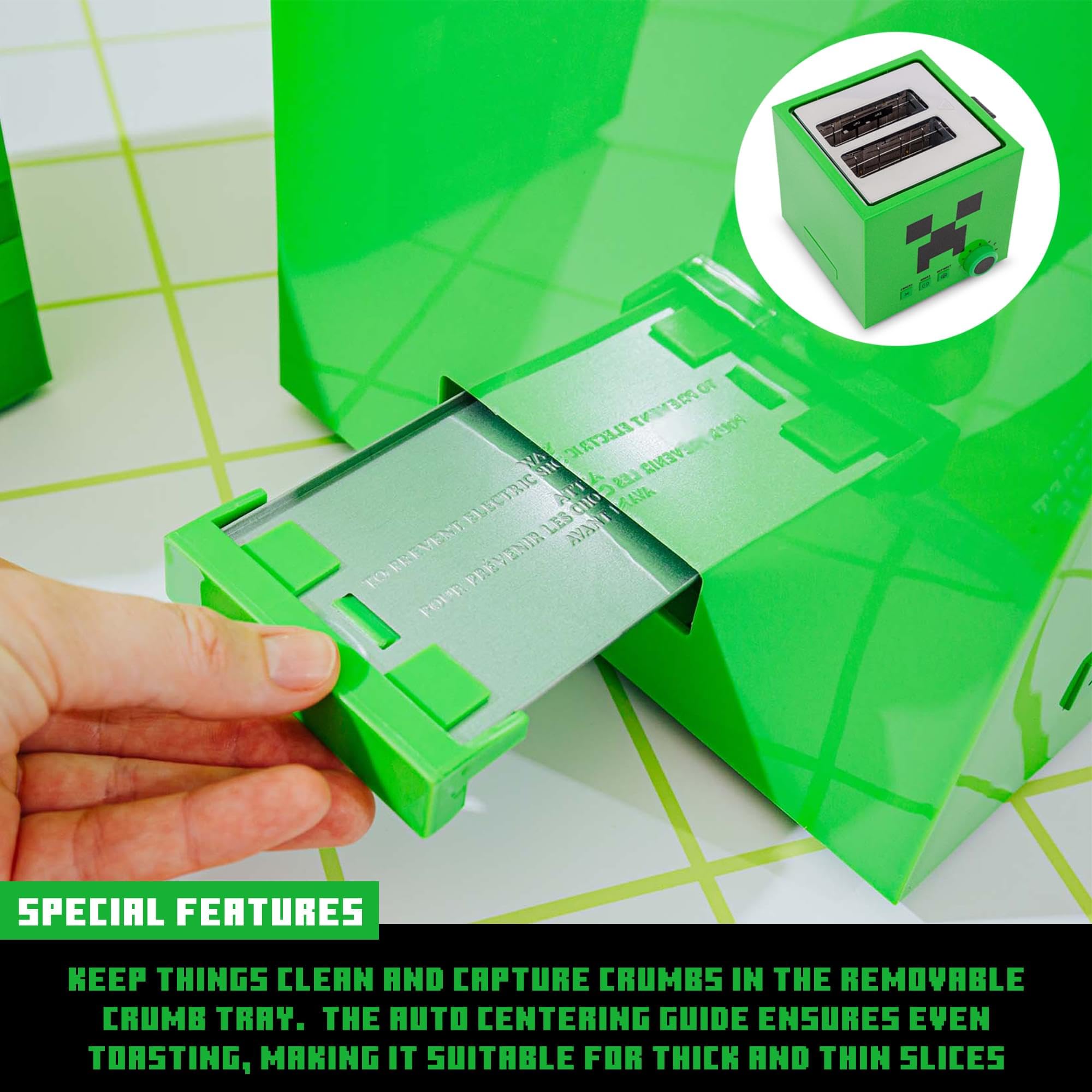 Robe Factory Minecraft Green Creeper toaster wide slot supports bagels and artisan bread.