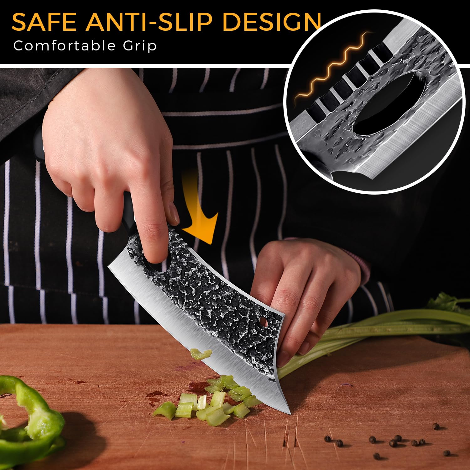 ROCOCO hammered blade texture reduces sticking during prep