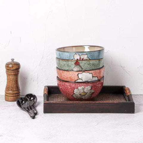 Rockgoldbug red-pattern bowls on table ideal for cereals and salads