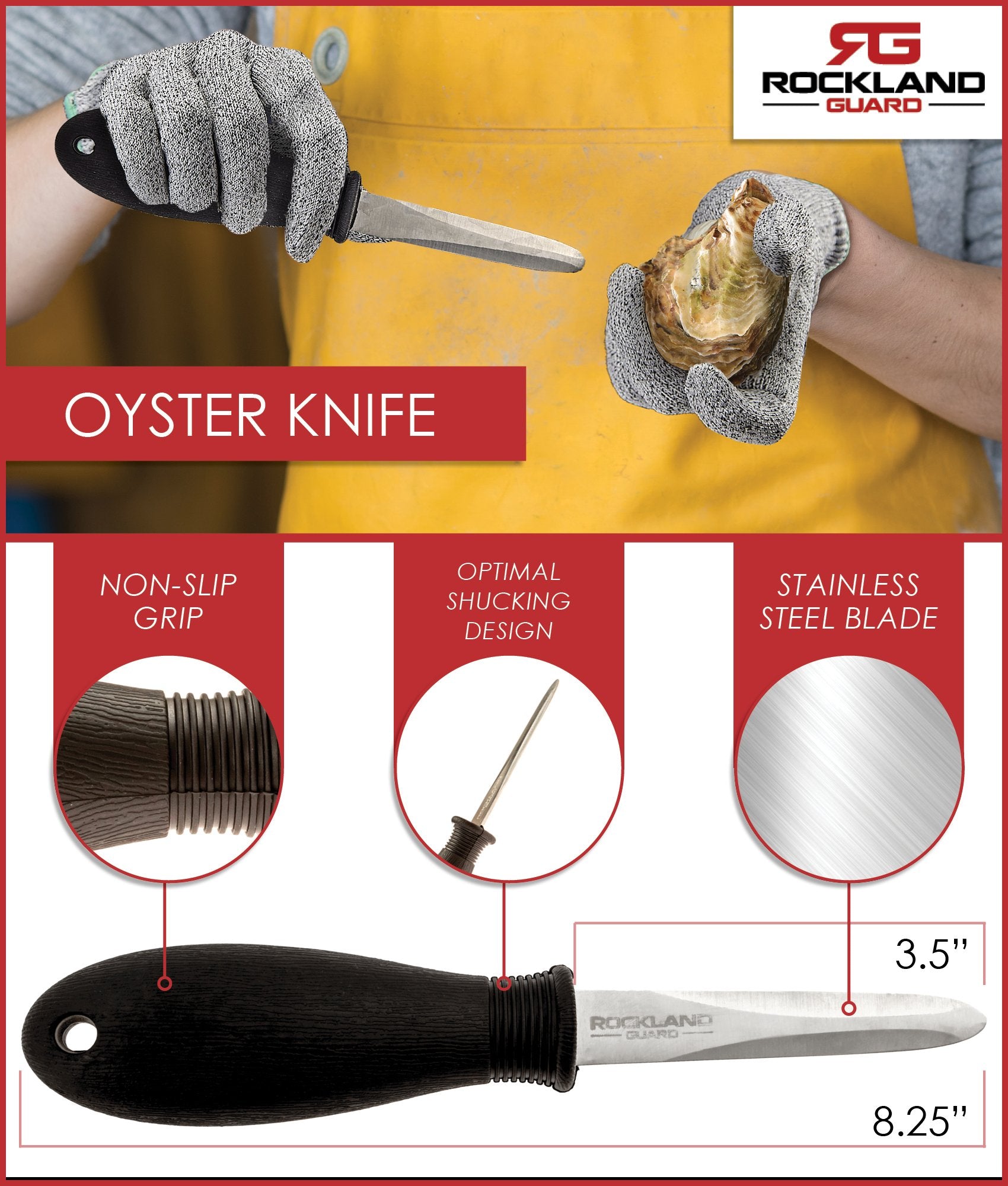 Rockland Guard bent-tip oyster knife aids smooth shell opening.