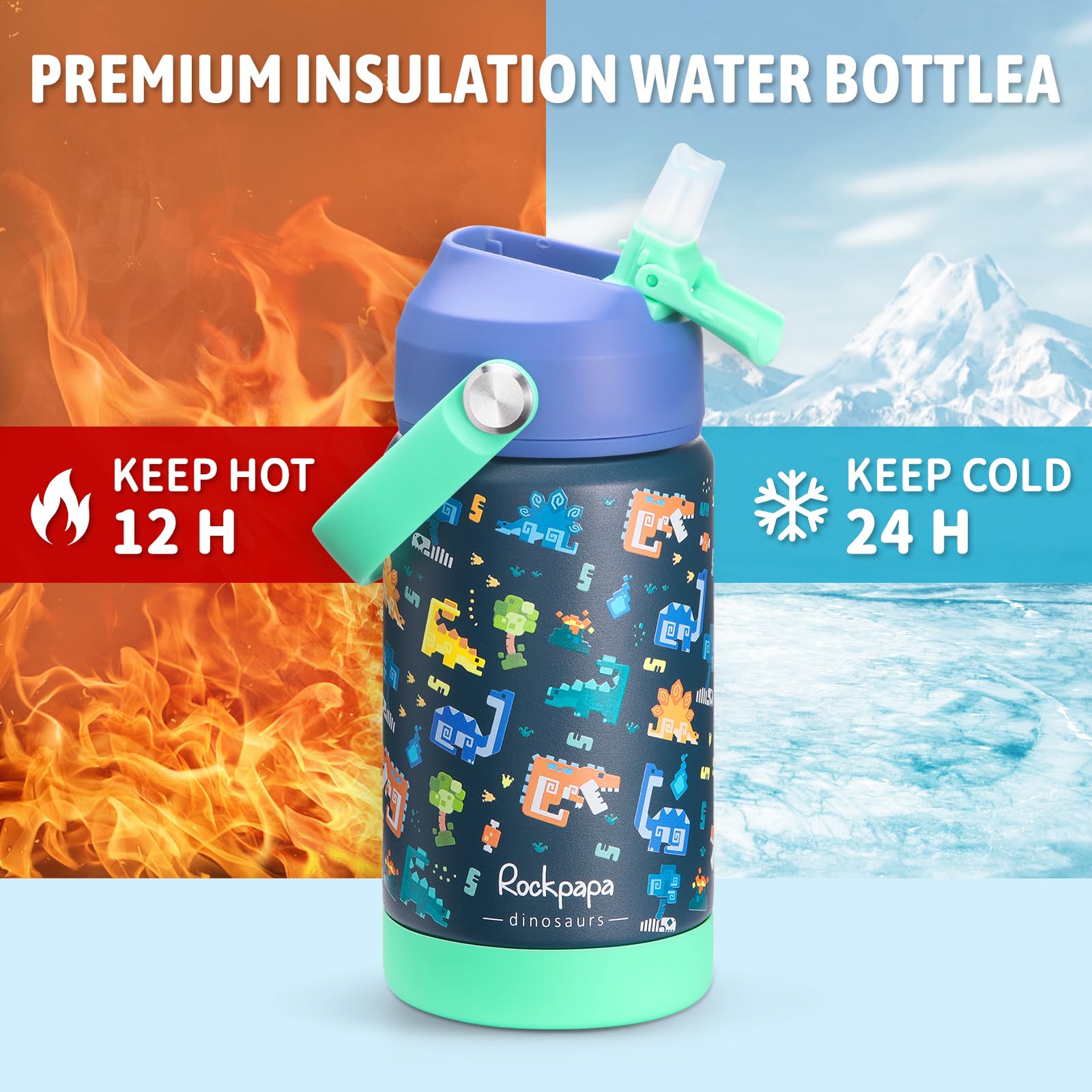 Rockpapa 14oz kid bottle with easy-to-hold handle for small hands.