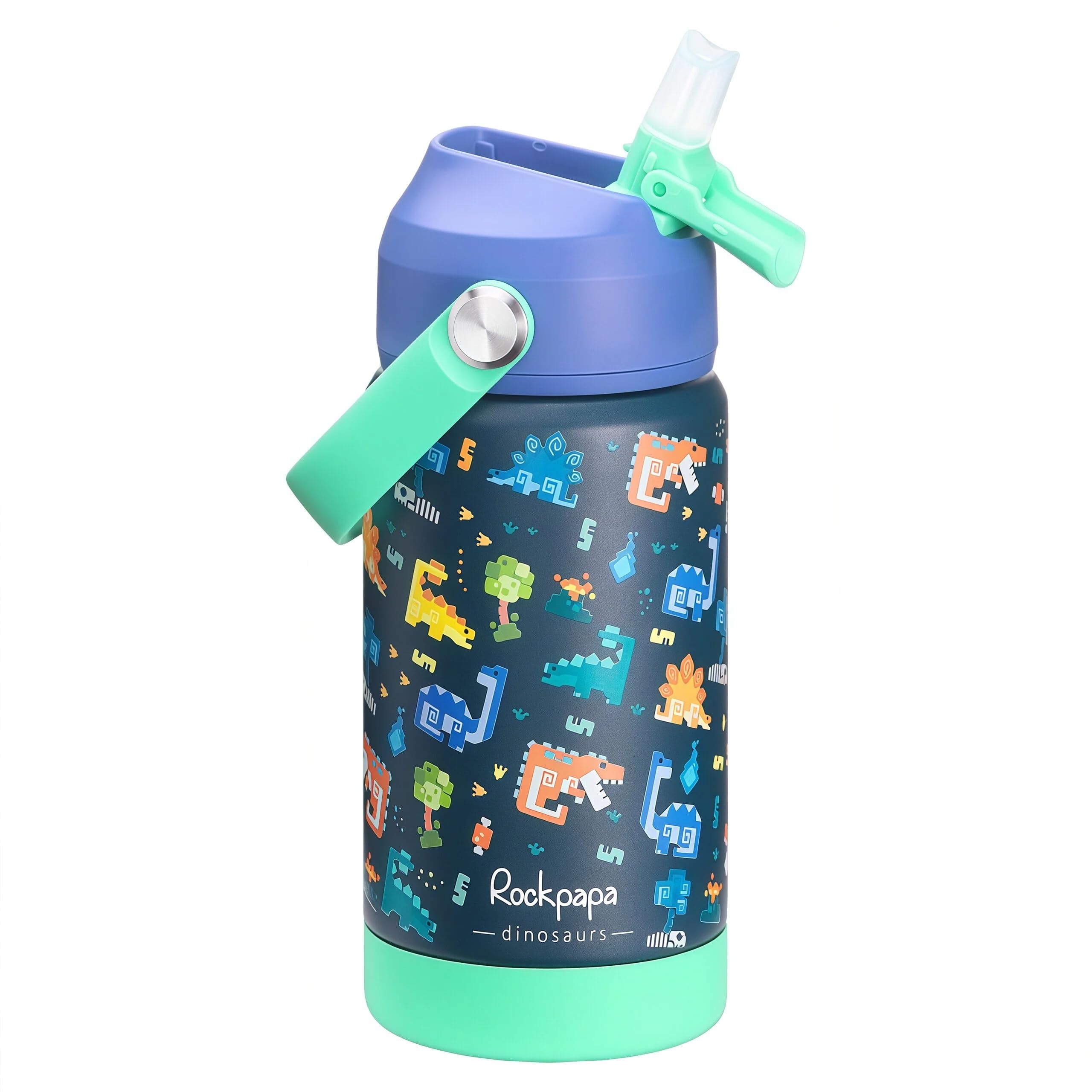 Rockpapa Kids Insulated Bottle with Blue Dinosaur pattern for spill-free hydration.