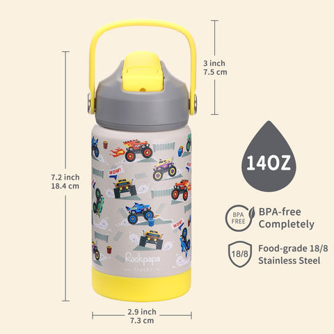Rockpapa kids bottle with straw shows leak-proof design, ideal for bags and travel.