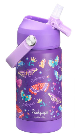 Rockpapa kids insulated bottle with straw in purple butterfly design keeps drinks at the right temp
