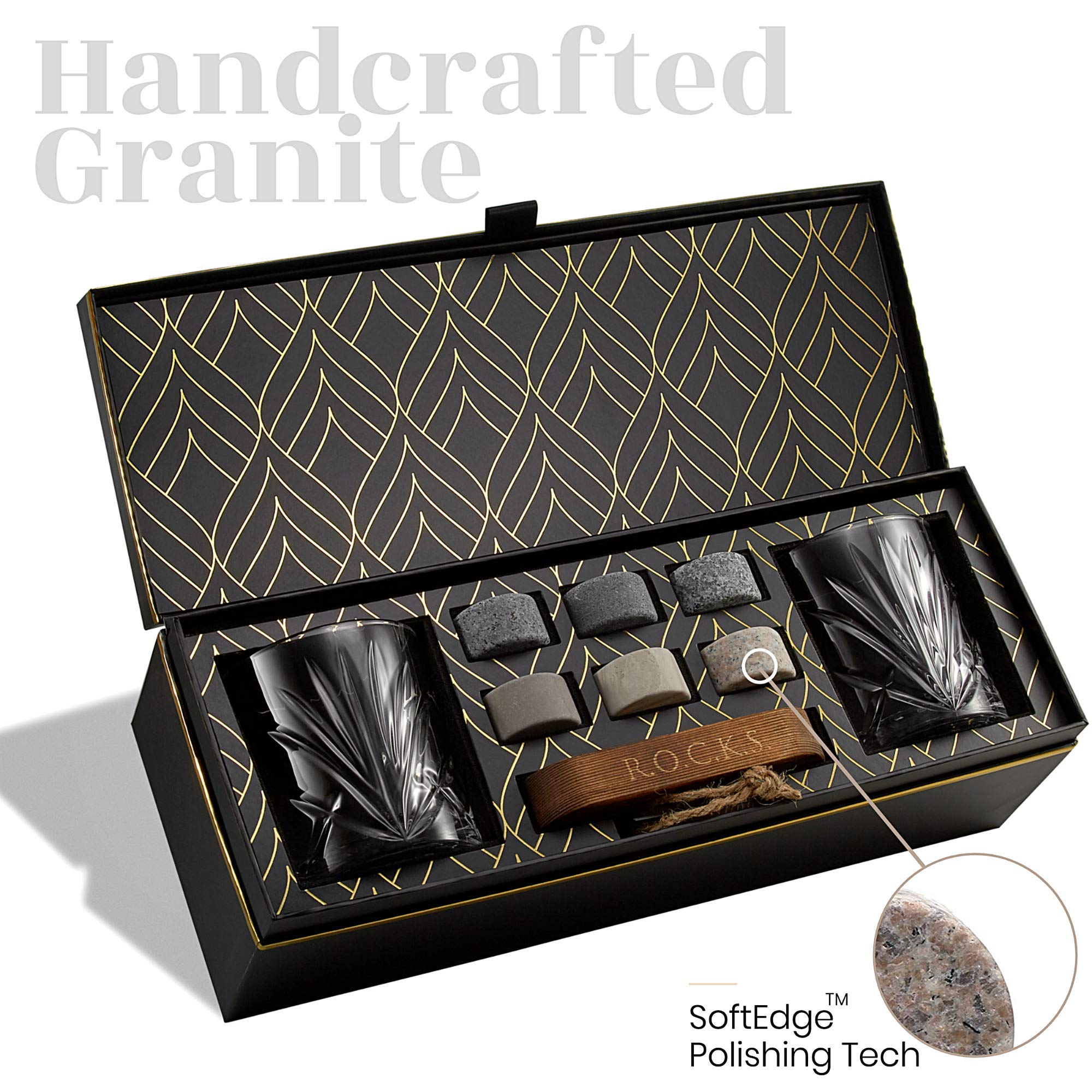 ROCKS WHISKEY CHILLING STONES hardwood tray adds sophisticated gift presentation.