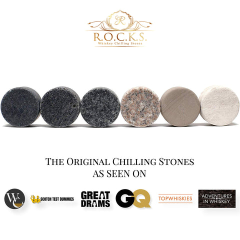 ROCKS WHISKEY CHILLING STONES with hardwood tray showcases premium gift-ready presentation.