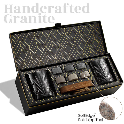 ROCKS WHISKEY CHILLING STONES hardwood tray adds sophisticated gift presentation.