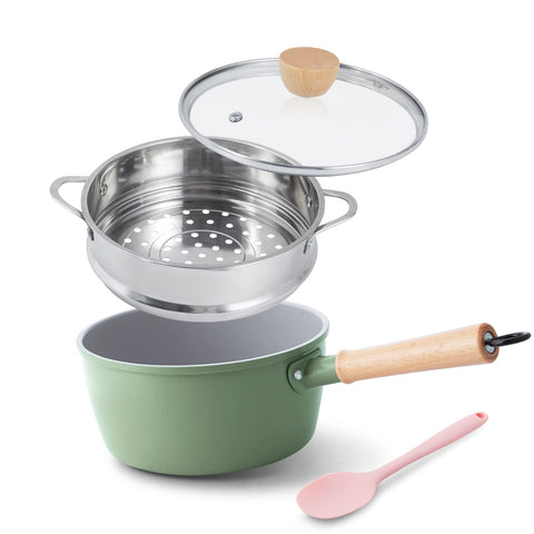 ROCKURWOK ceramic nonstick saucepan with green lid for easy release and quick cleanup.