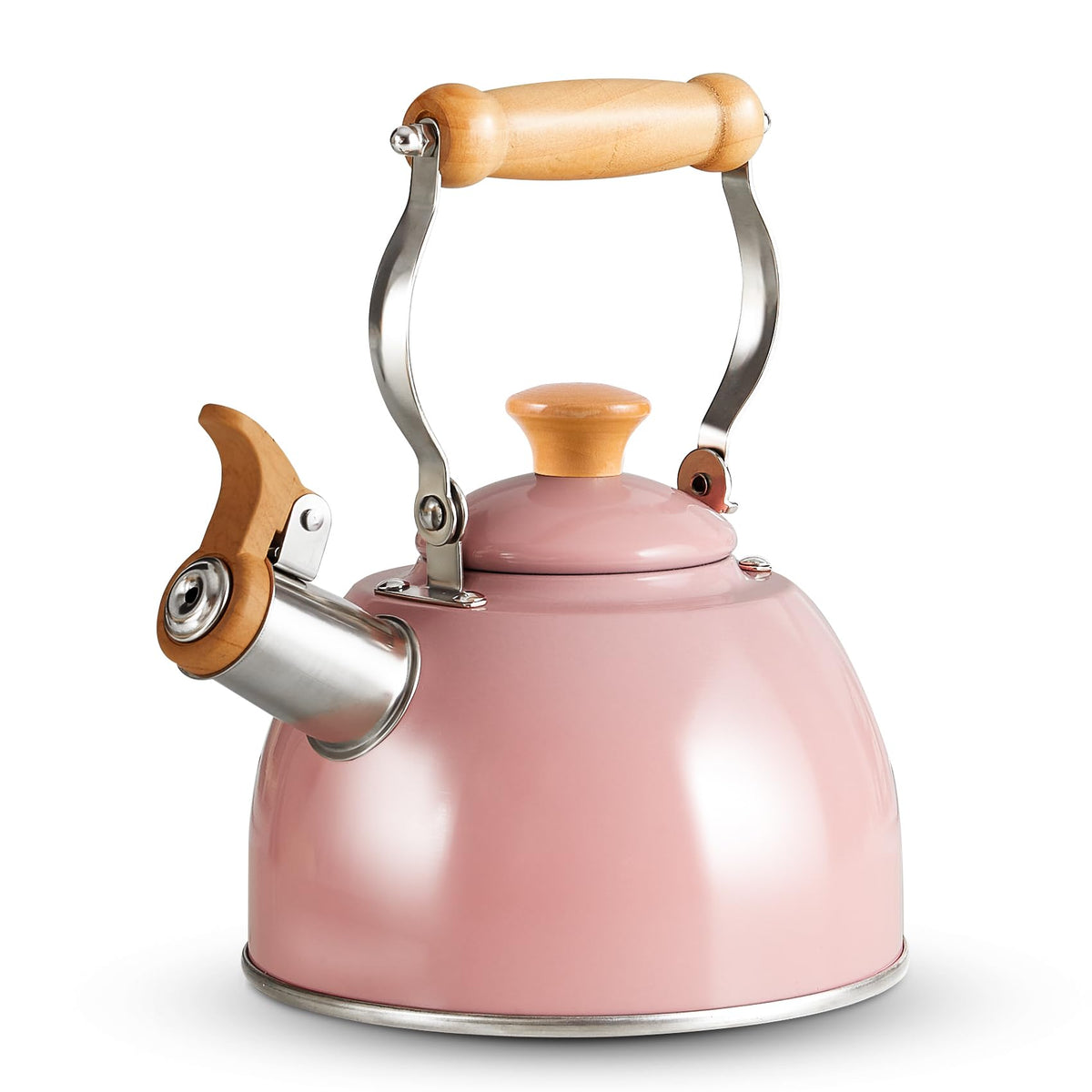 ROCKURWOK Tea Kettle with cool-touch wooden handle for safe pouring on all stoves.