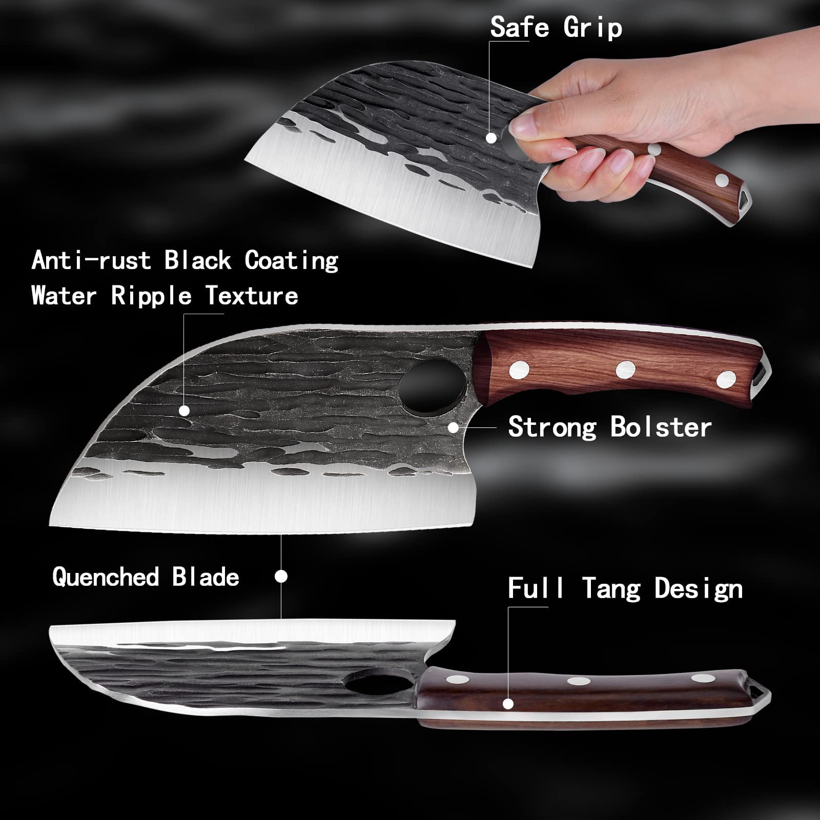 ROCOCO butcher cleaver edge close-up highlights thick robust blade for tough cuts.