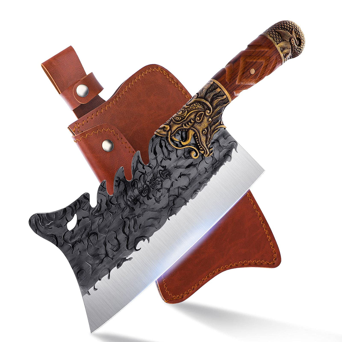 ROCOCO cleaver front view with sheath for safe storage and quick access