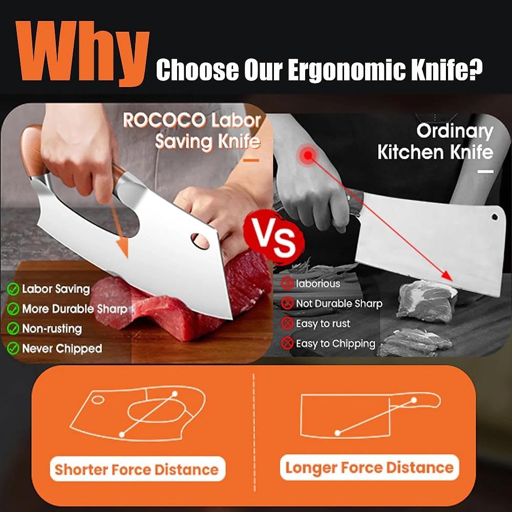 ROCOCO meat cleaver curved blade design facilitates precise slicing with minimal resistance.