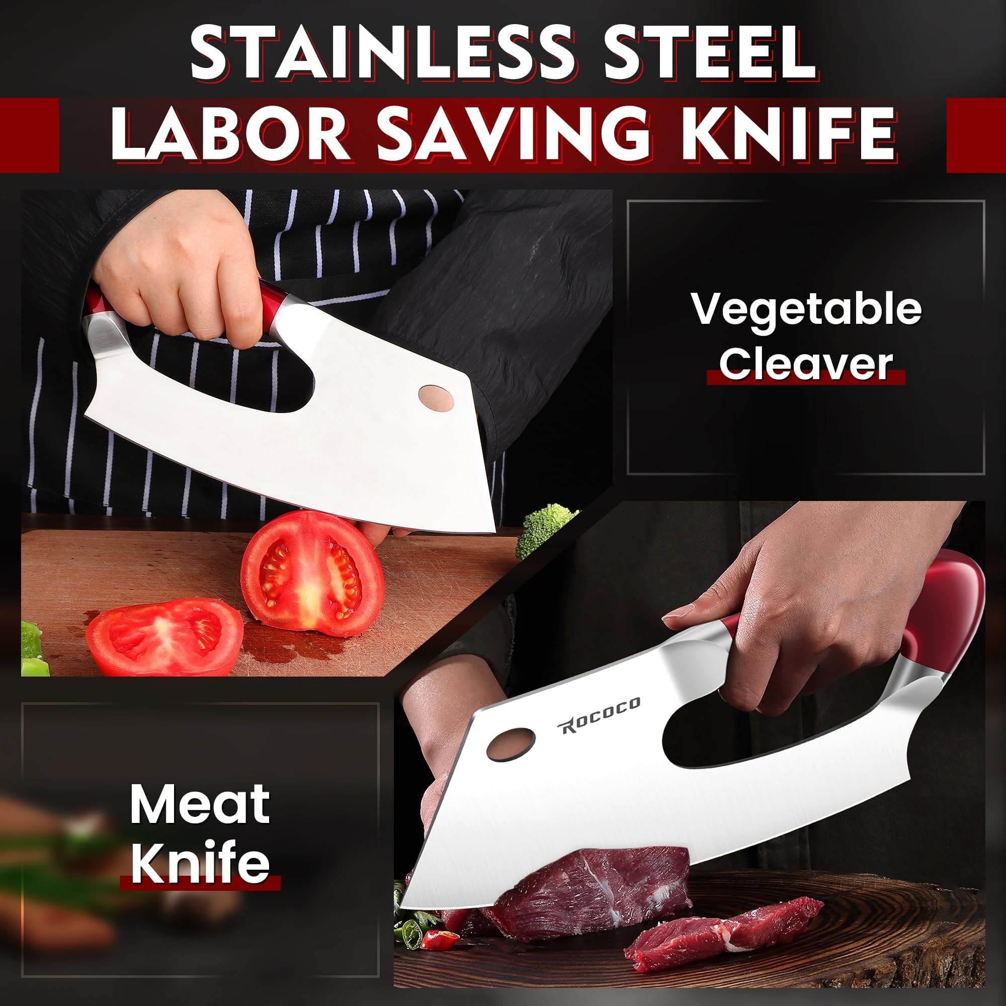 ROCOCO cleaver with ergonomic red handle demonstrates comfortable, secure grip during use.