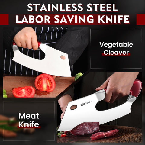 ROCOCO cleaver with ergonomic red handle demonstrates comfortable, secure grip during use.