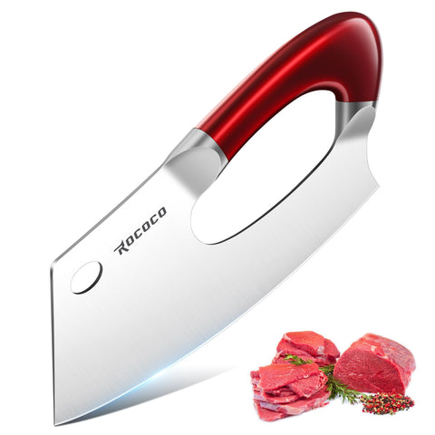 ROCOCO meat cleaver hand-forged blade close-up emphasizes sharpness and durability.