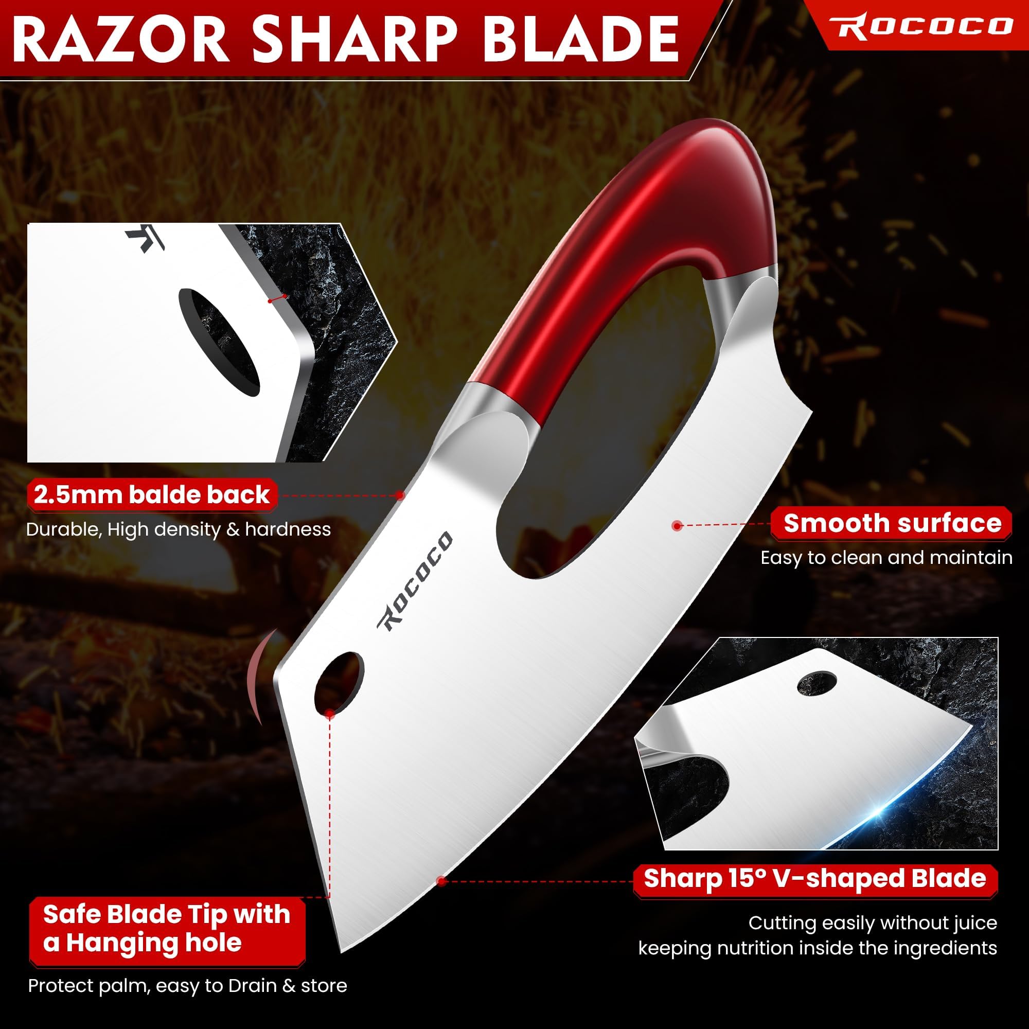 ROCOCO cleaver handles slicing meat cleanly, maintaining texture and nutrition on the board.