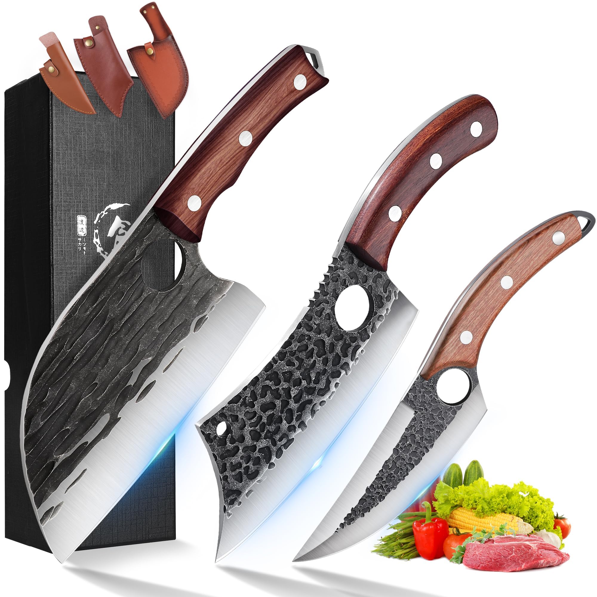 ROCOCO Serbian chef knife close-up shows 15 degree edge for precise slicing.