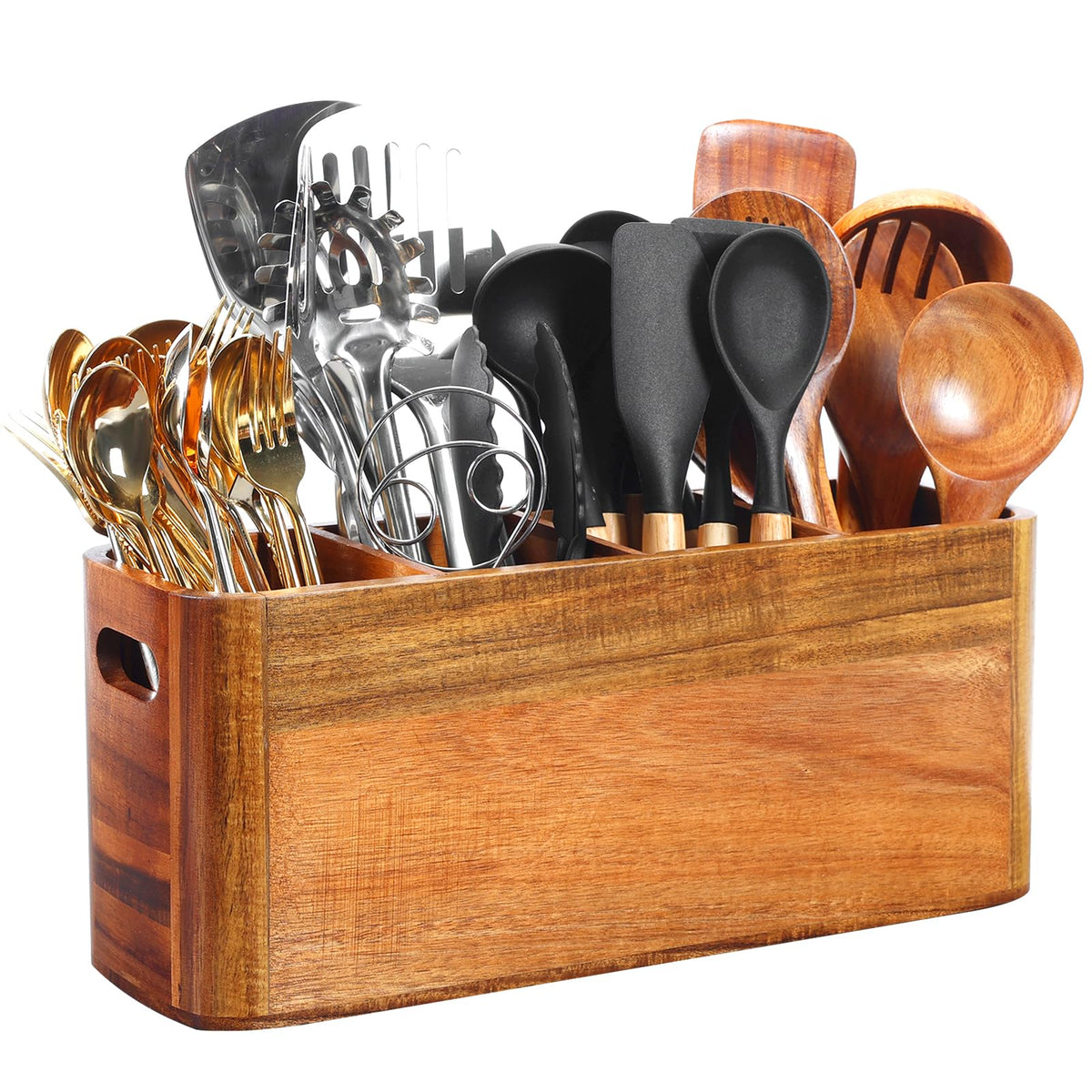 Rodelna utensil holder with four compartments keeps kitchen tools organized.