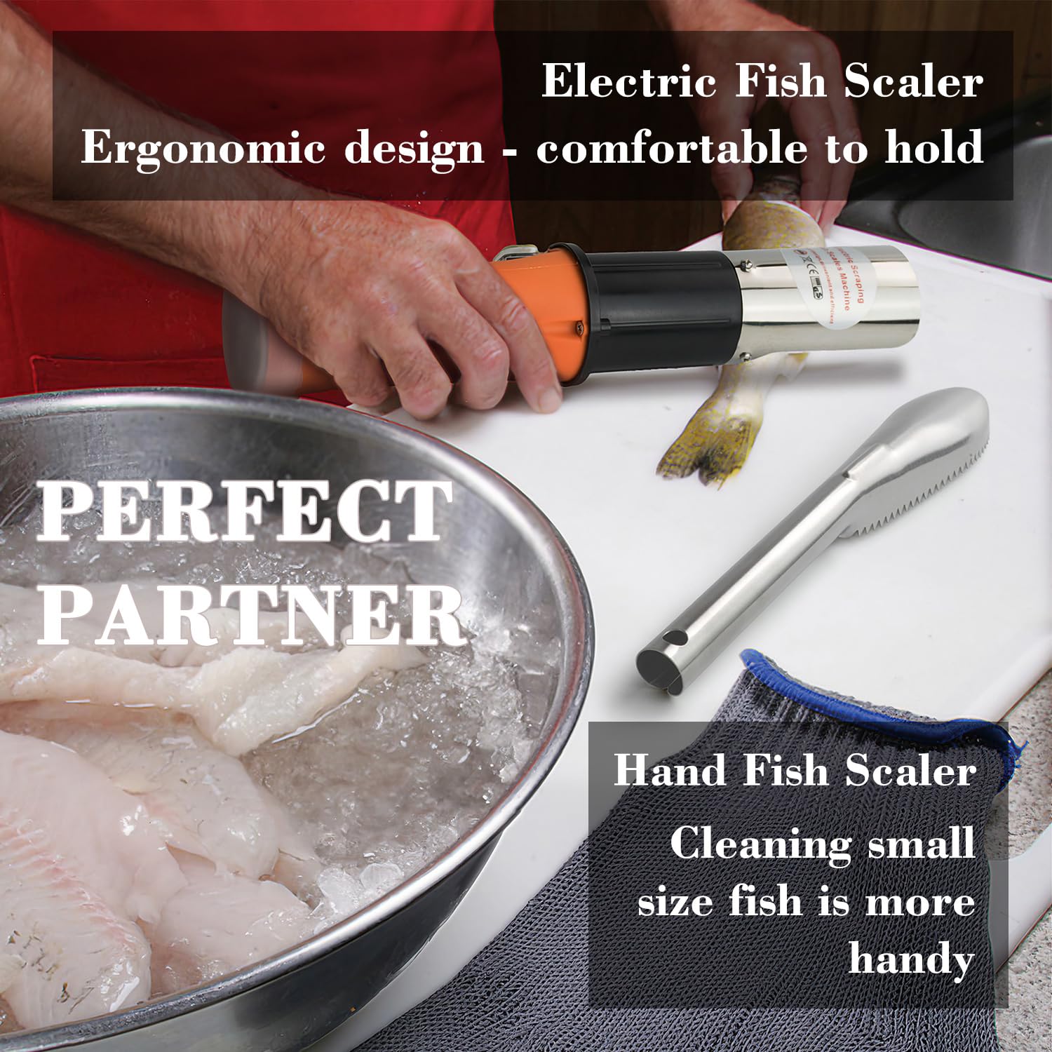ROEDEER fish scaler with two-way rotation for ambidextrous use.