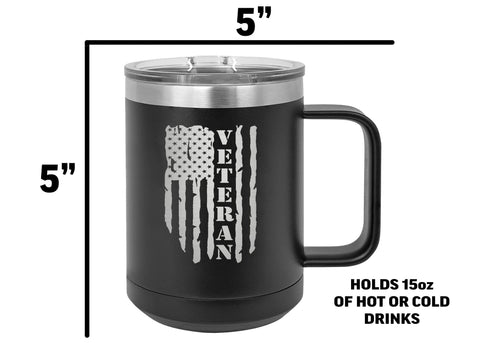 Rogue River Tactical 15oz stainless steel mug offers ample beverage capacity.