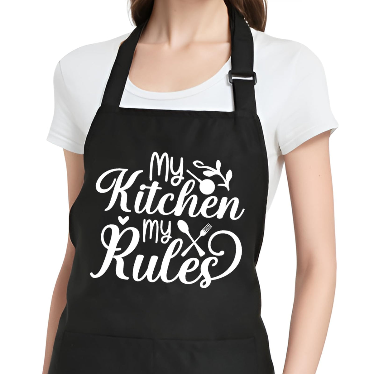 Rokasreke women's apron with pockets front view for convenient tool and phone access.