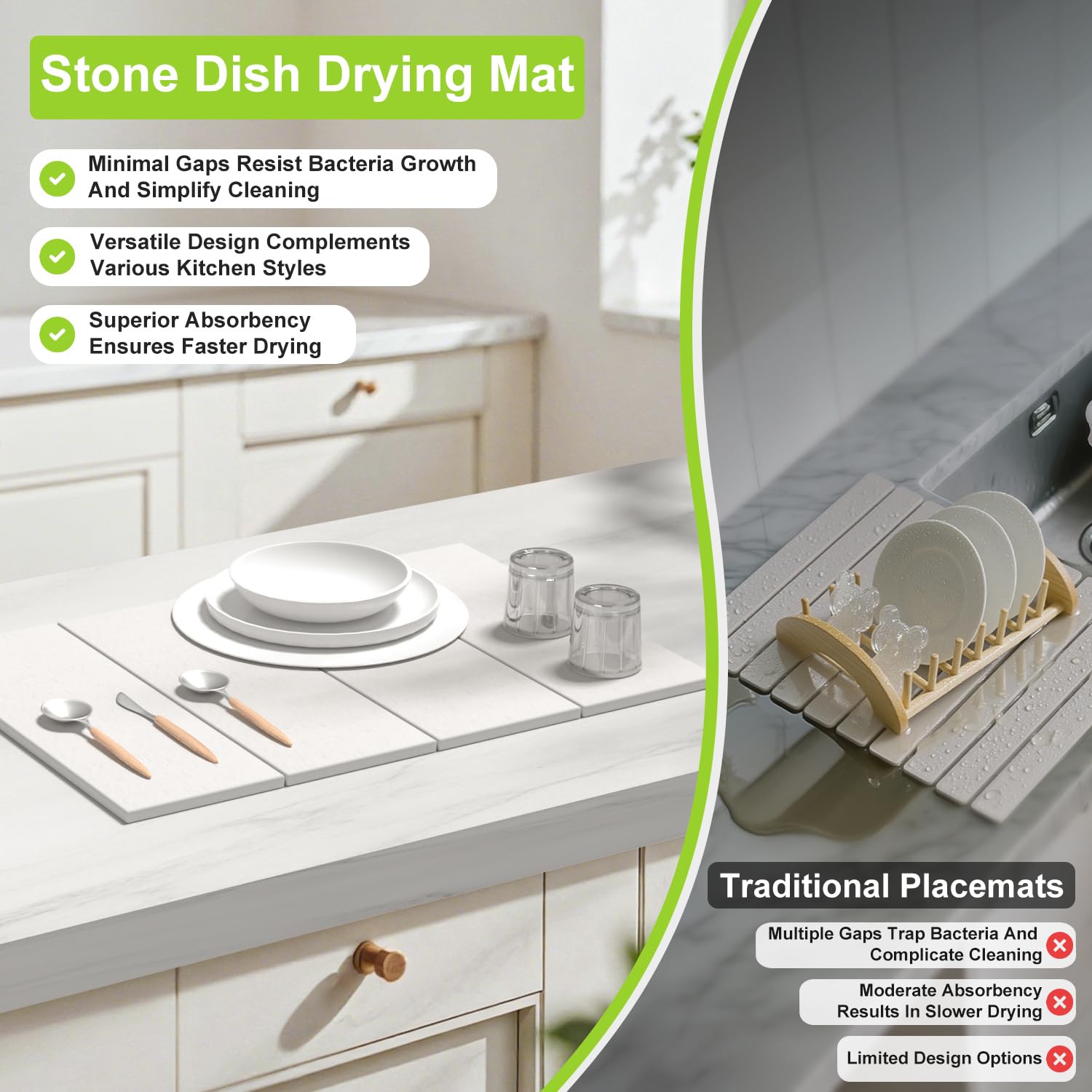 ROLENTIC drying mat with dishes and cups showing efficient moisture absorption
