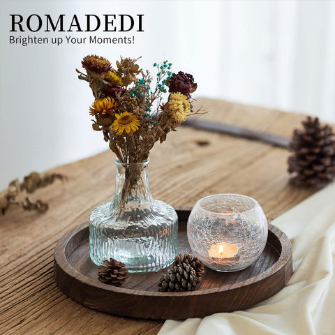 Romadedi small rustic wood tray serves as a chic coffee table display.