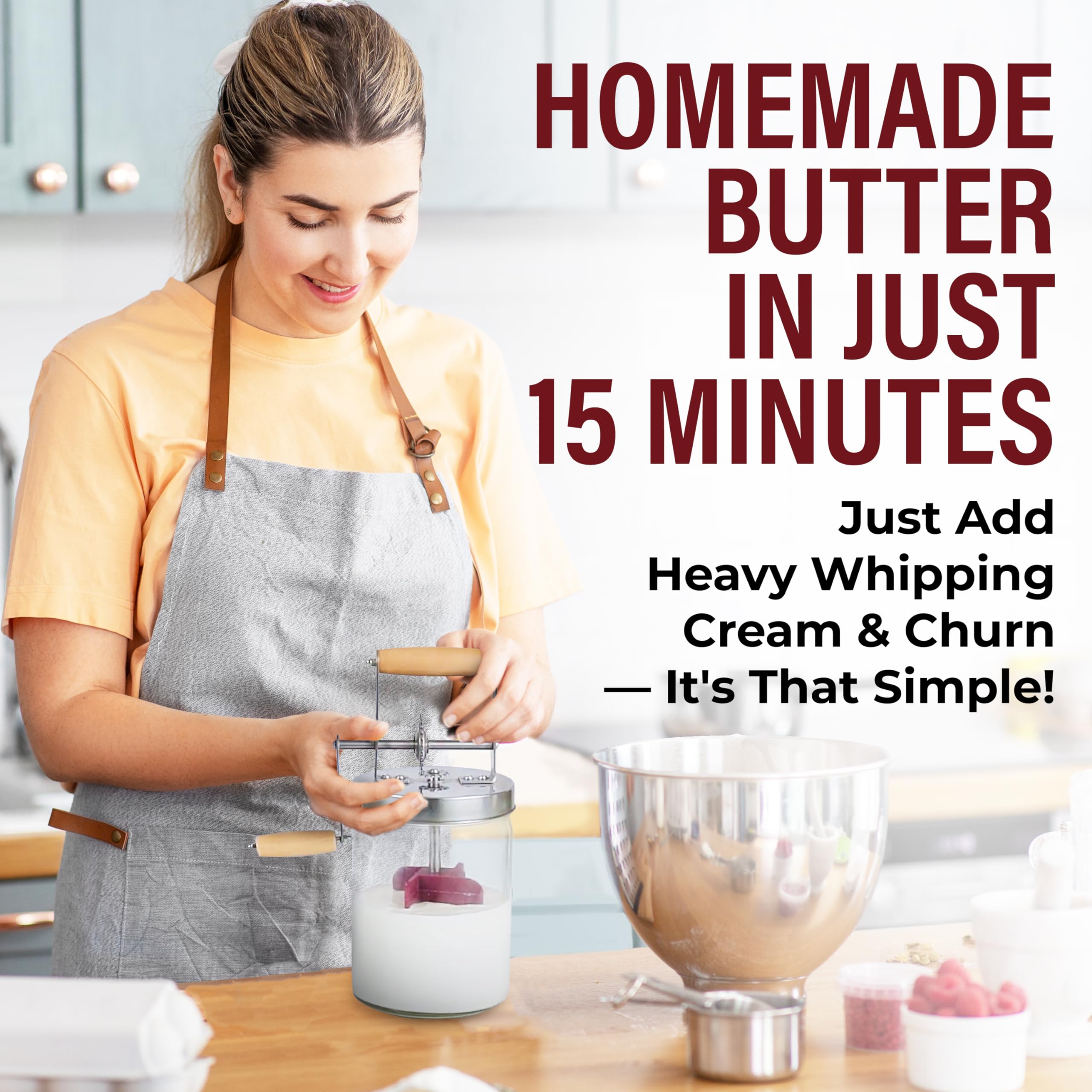 Dazey Butter Churn wooden base setup in a cozy kitchen