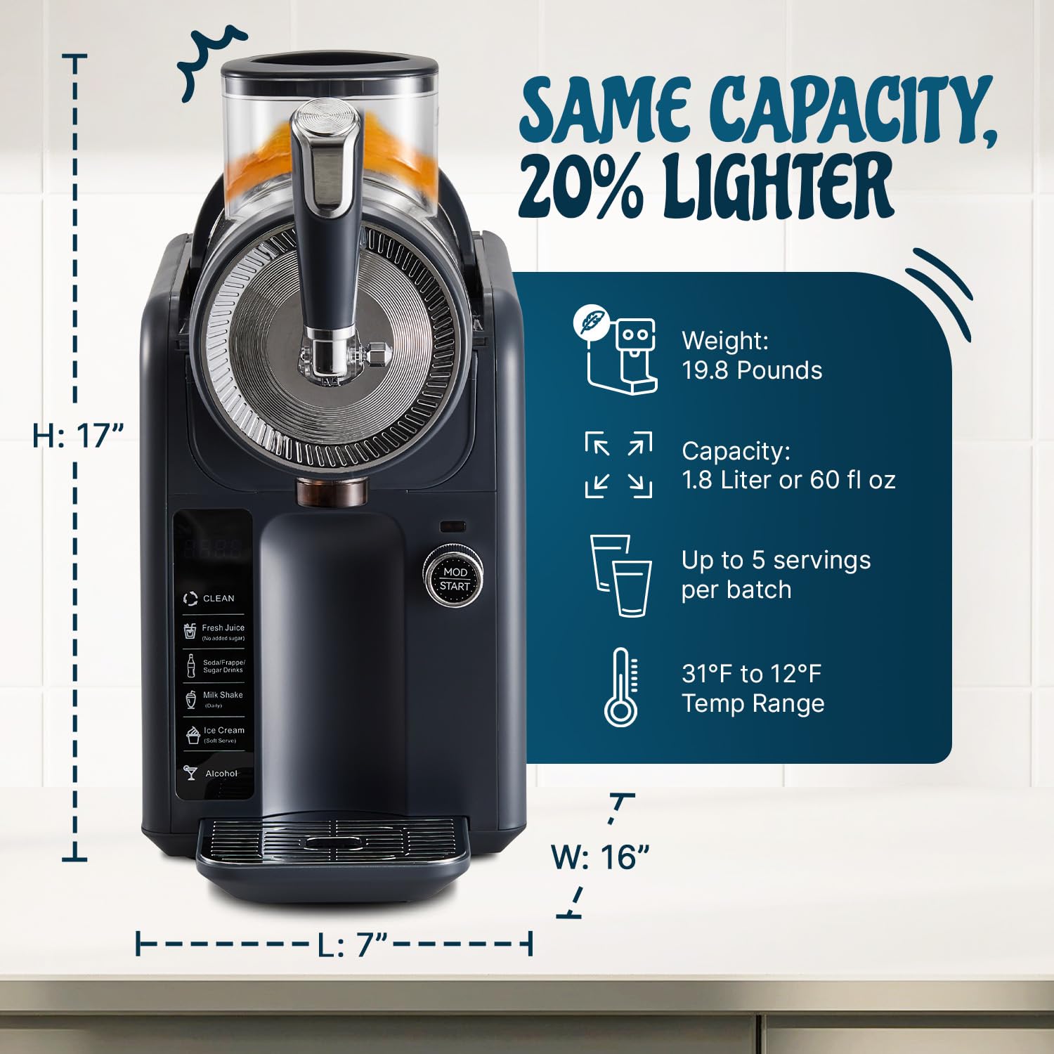 Roman Ventures slushie machine 1.8L capacity marking.