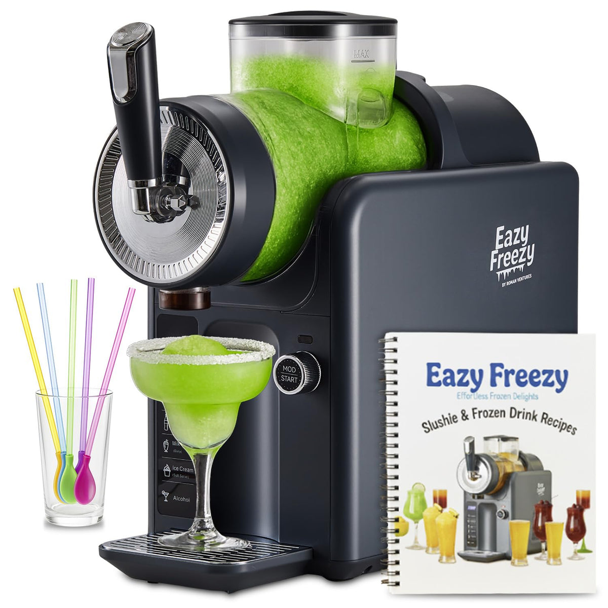 Roman Ventures slushie machine front view, compact home-use design for frozen drinks.