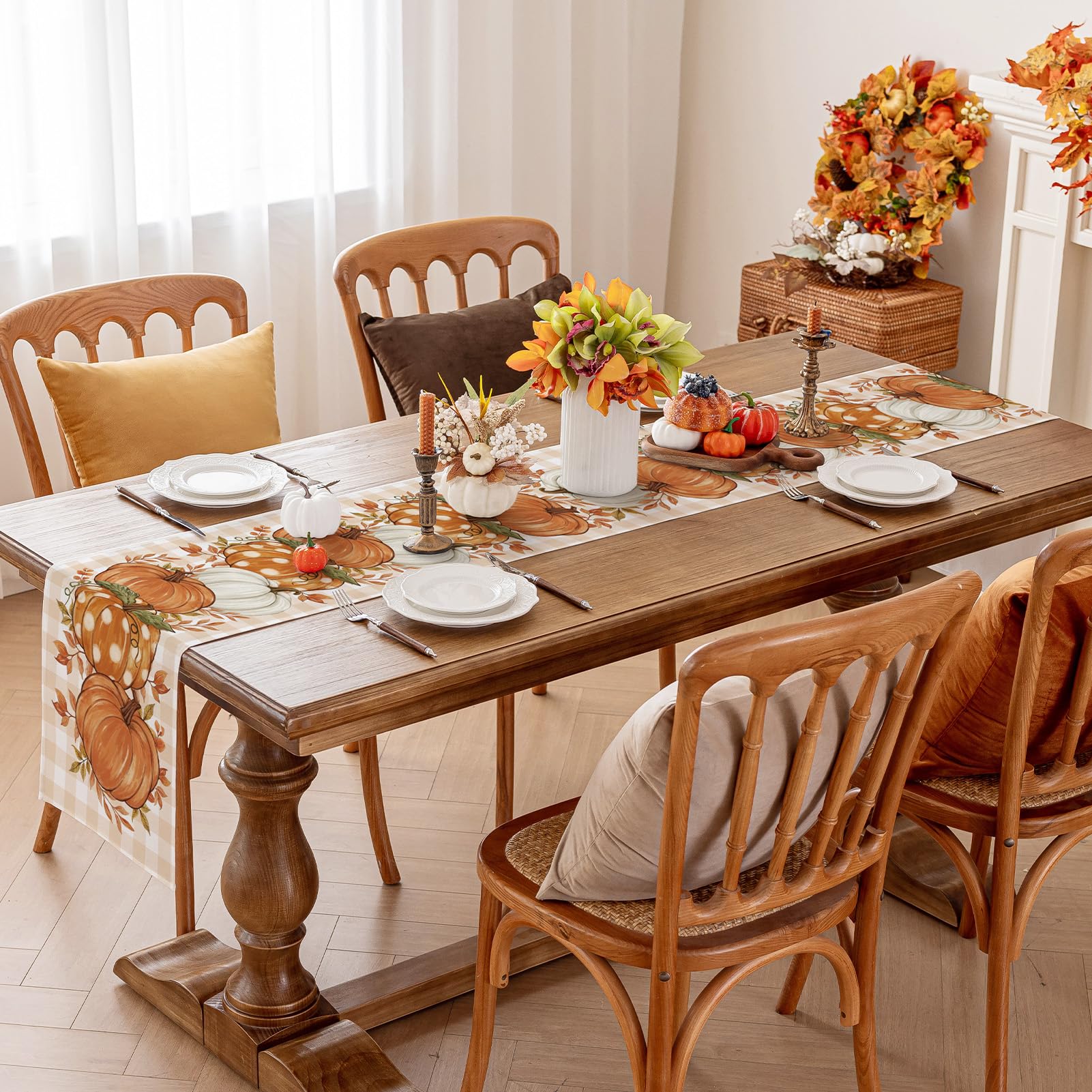 Romanstile buffalo plaid table runner enhances rustic harvest ambiance