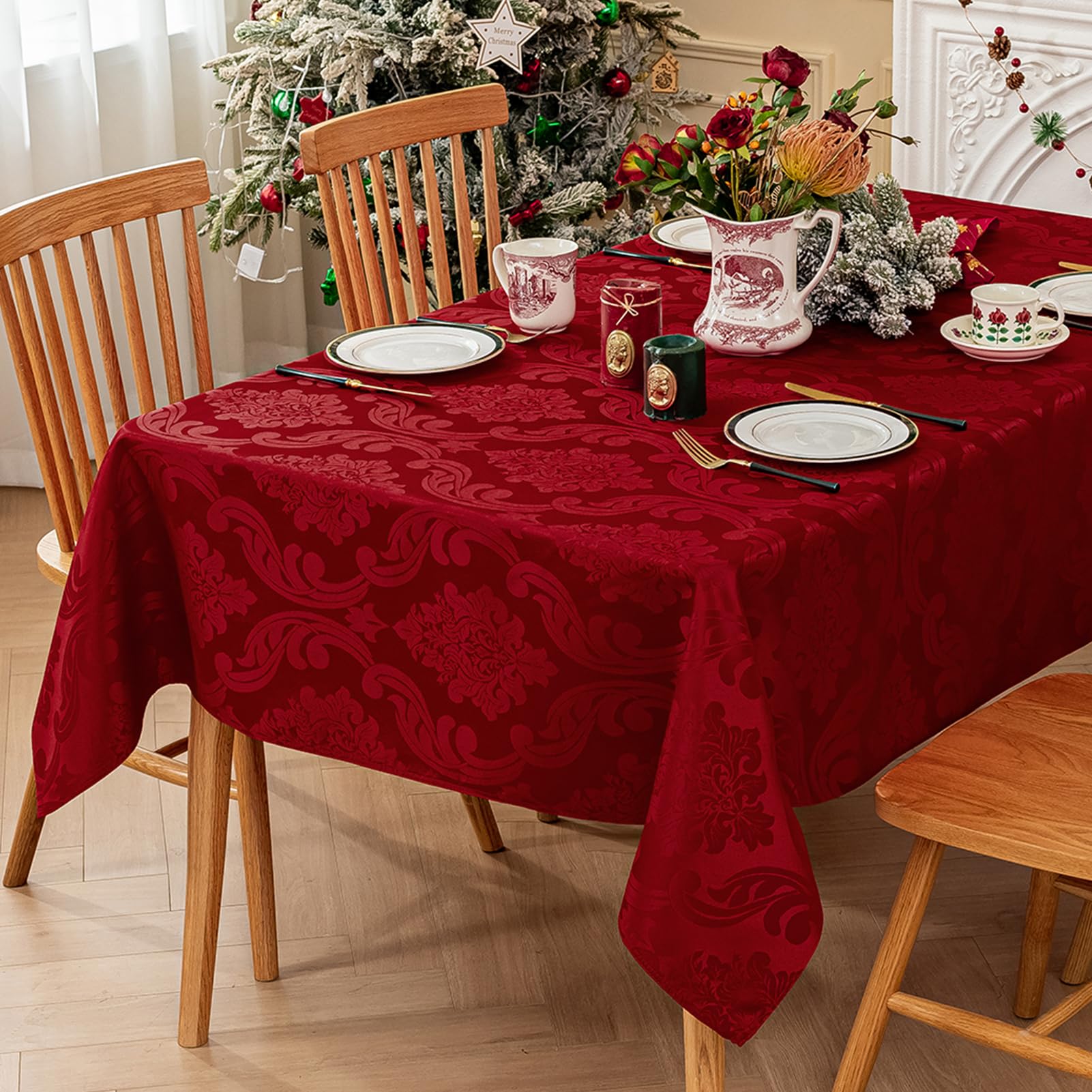 Romanstile Christmas jacquard tablecloth close-up with baroque pattern for festive dining.