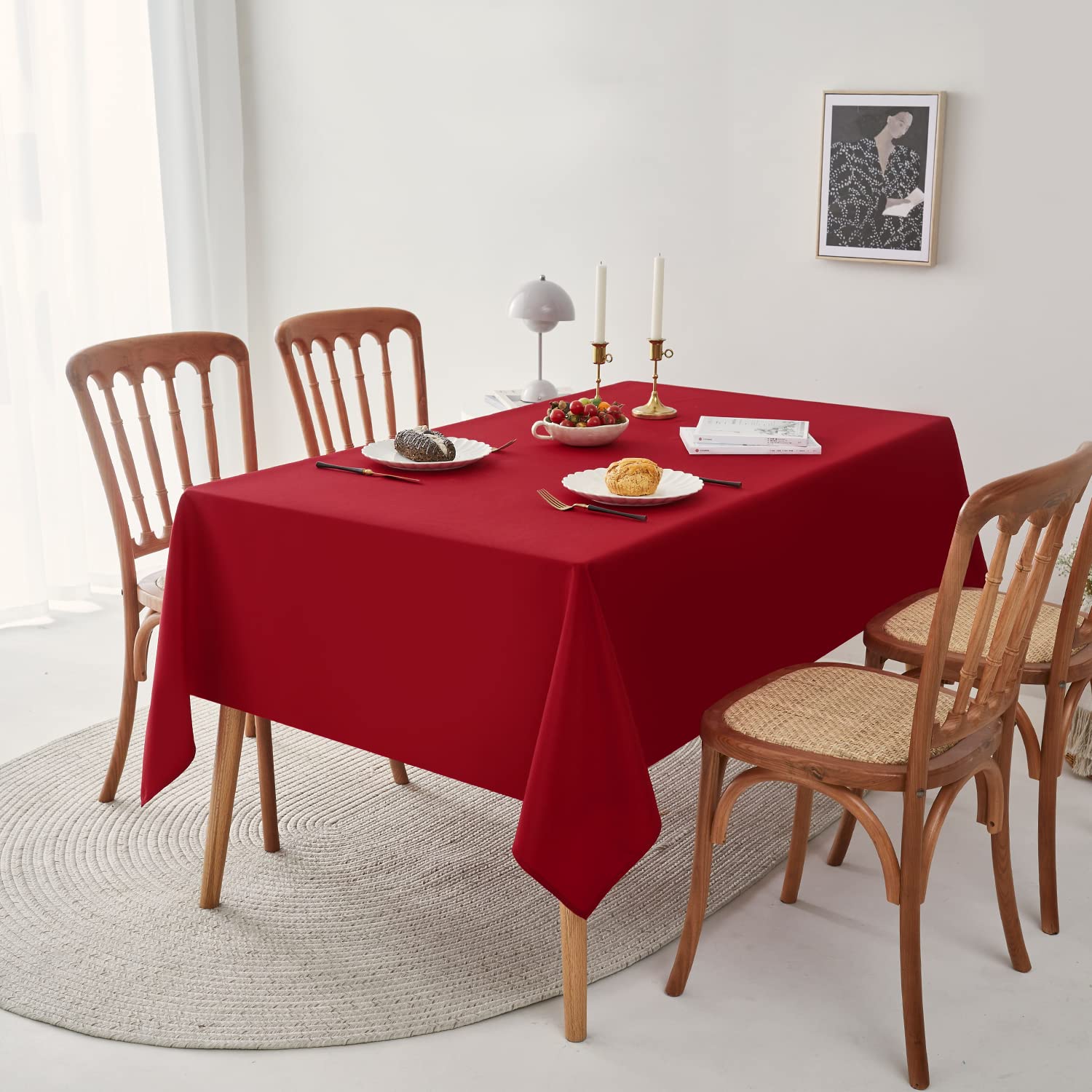Romanstile red waterproof tablecloth highlighting spill resistance for holiday meals.